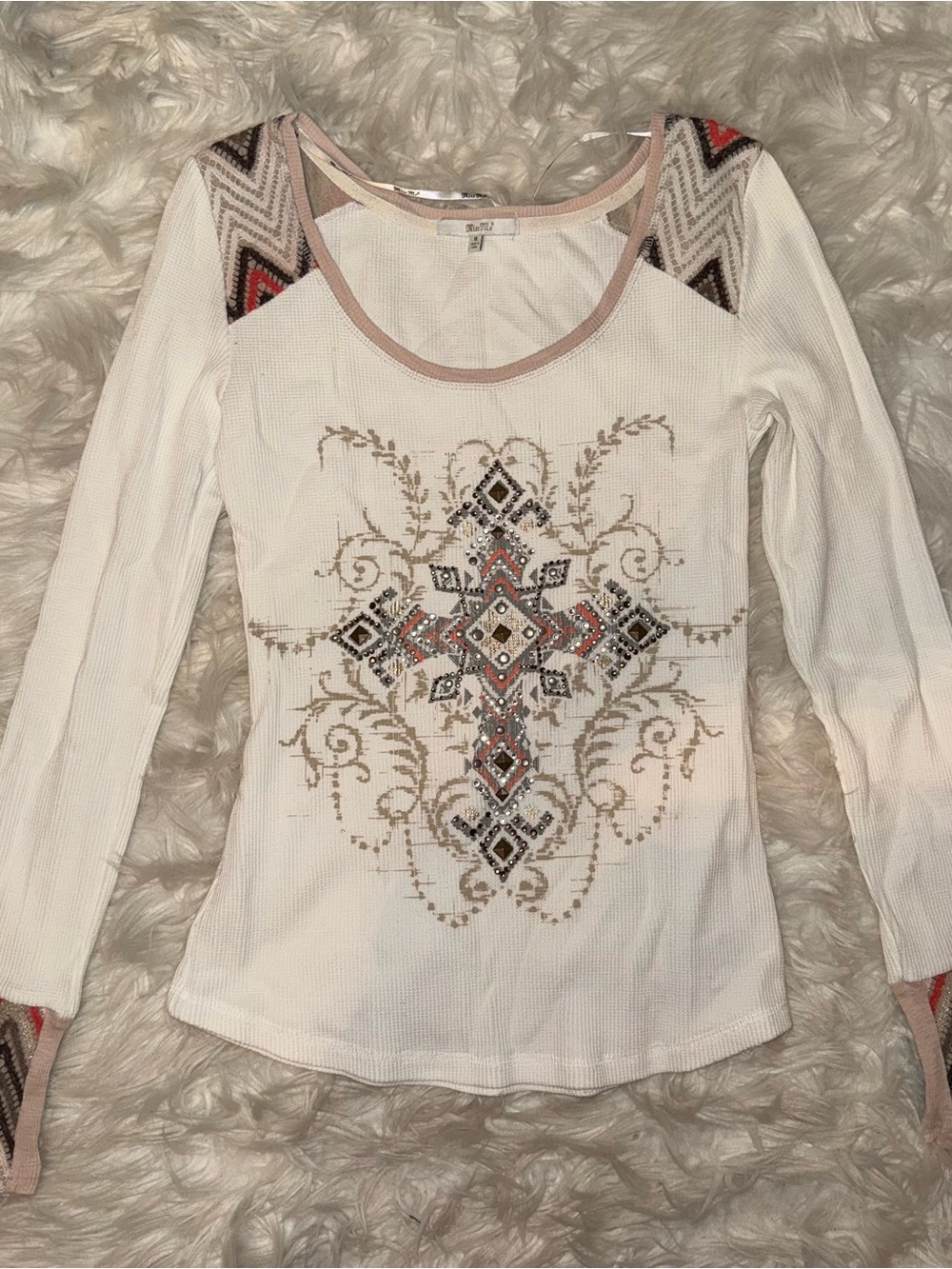 Miss Me White Long-Sleeve Embellished Thermal Top with Neutral Tribal Accents